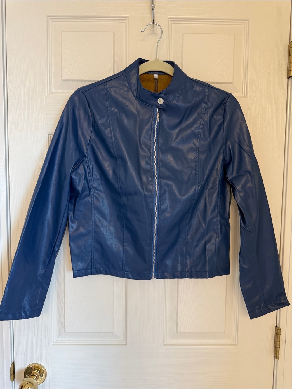 Women's Blue Faux Leather Moto Jacket